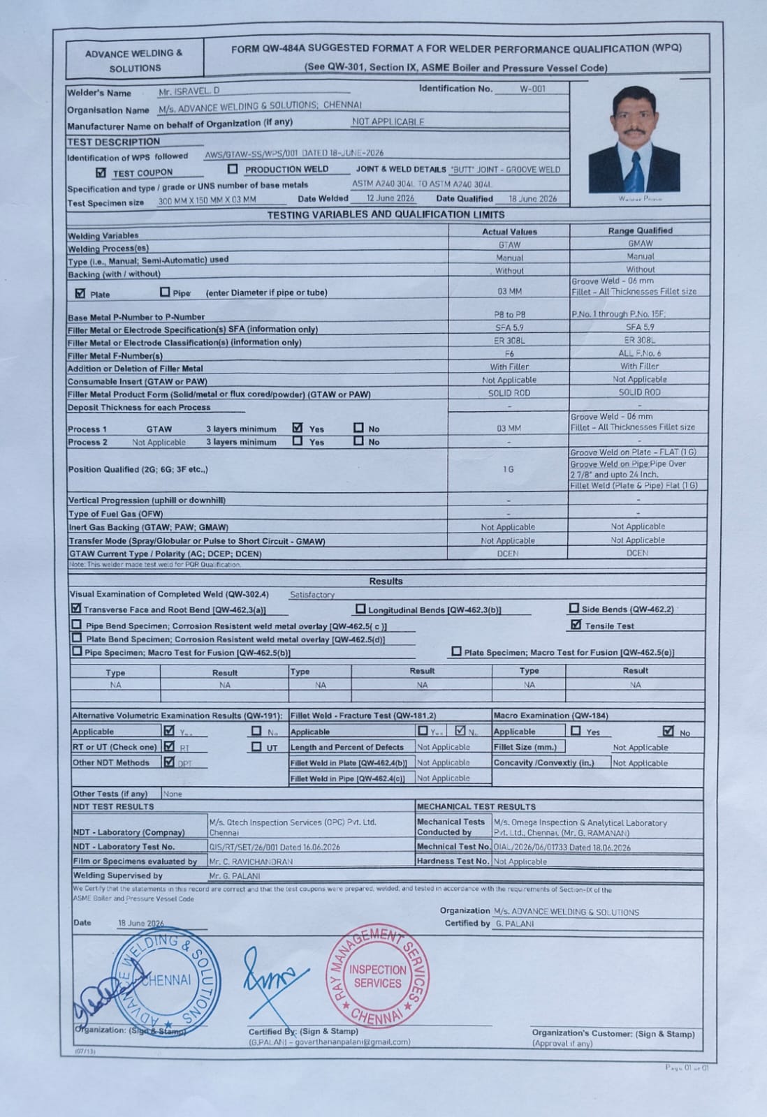 Section IX ASME qualified Welder certificate
